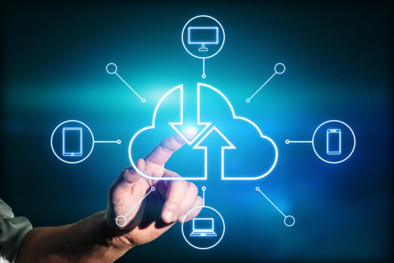 internet cloud concept with man finger digital touch screen with cloud silhouette arrows it mobile items icons around dark blue background